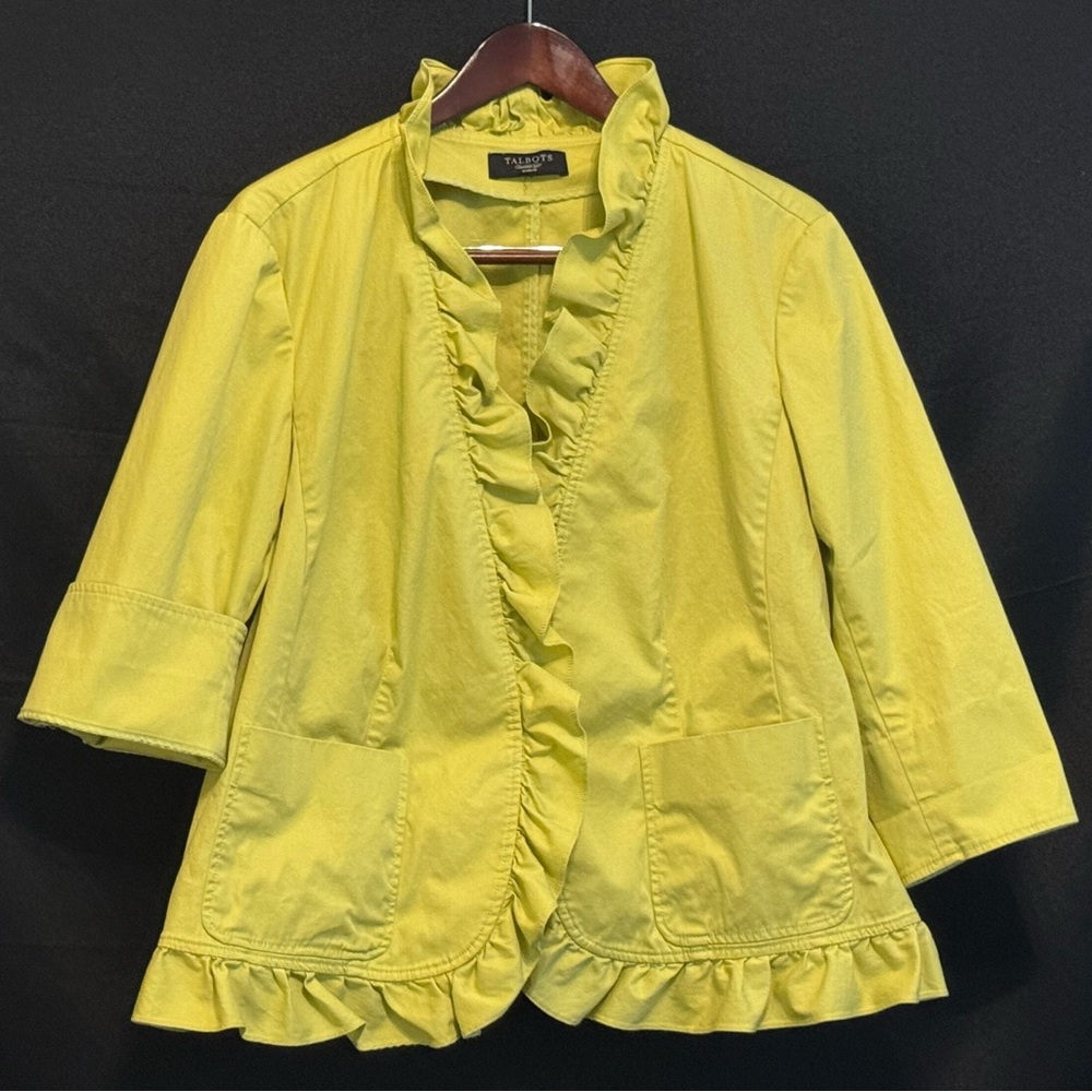 Talbots Blazer Jacket Women's 16* Lime Green Ruffle 3/4 Sleeves Pockets Unlined